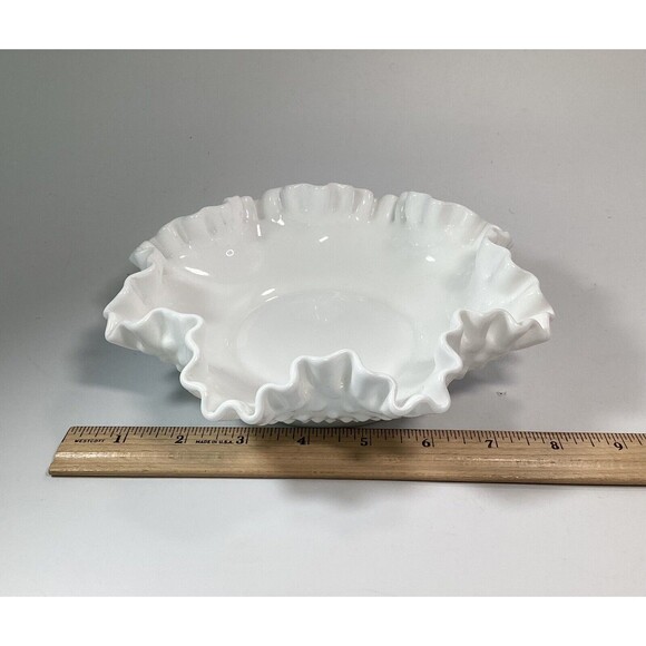 Vintage Fenton White Hobnail Milk Glass Crimped Candy/Nut Dish 8" - Picture 4 of 6